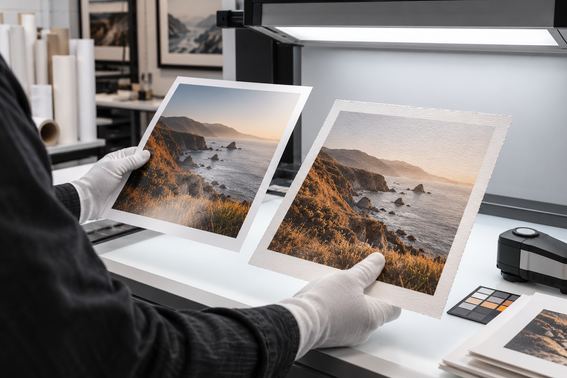 Print technician evaluating photo and fine art paper output