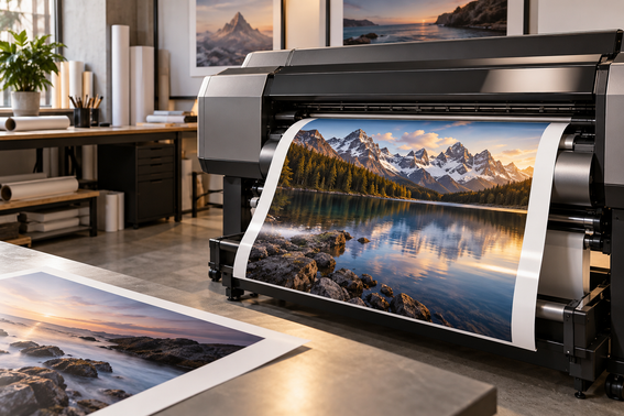 Professional wide-format photo paper printing in a modern studio