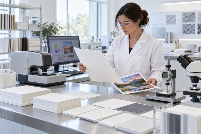 Paper scientist evaluating fine-art inkjet media in a quality laboratory