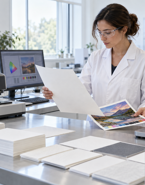 Paper scientist evaluating fine-art inkjet media in a quality laboratory